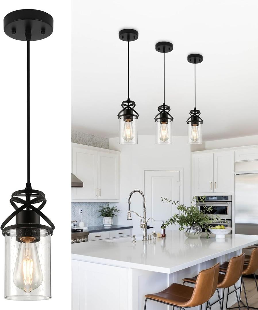 Pendant Kitchen Island Light, Modern Pendant Lighting with Glass Shade, E26 Socket and Adjustable Cable, Suitable for Living Rooms, Bedrooms, Hallways (Black-1 Light)