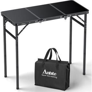 Anbte 3ft Tri-fold Camping Table Max 29.5", 3 Adjustable Heights Aluminum Folding Camping Table with Storage Bag, Lightweight, Portable Handle for Travel Outdoor Beach Picnic, 35" x 16", Black
