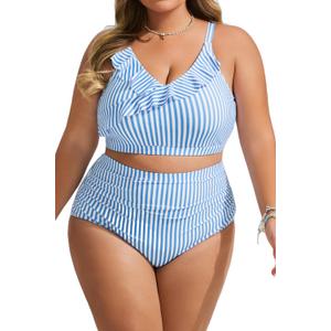Hanna Nikole Womens High Waisted Bikini Plus Size Swimsuits Two Piece Bathing Suits Tummy Control Swimwear (Blue and White Stripes), 12 Plus
