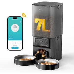 7L Automatic Cat Feeder 2 Cats, 5G WiFi Dog Food Dispenser with APP Control | APP Control, Dual Power Supply, Up to 12 Meals Per Day, 10s Voice Recorder, 2 Stainless Steel Bowls