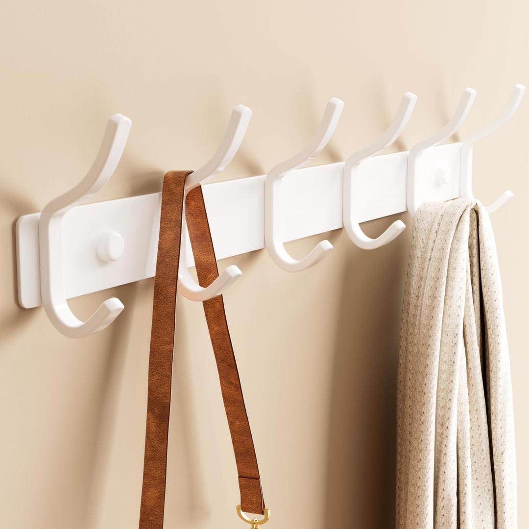 White Coat Rack Wall Mount - 15 Inch Arc Shaped Design with 6 Hooks for Hanging Coats, Bags, and Towels in Entryway, Livingroom, Bedroom, Bathroom, and Kitchen, 1 Pack