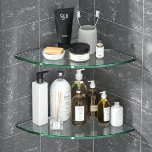 Corner Glass Shower Caddy 2 Pack 8MM-Thick Tempered Glass Shelf No Drilling Wall Mount Corner Mounted Shelves Space Saver Adhesive Bathroom Home Shelf Shampoo Holder Organizer Strong Adhesion