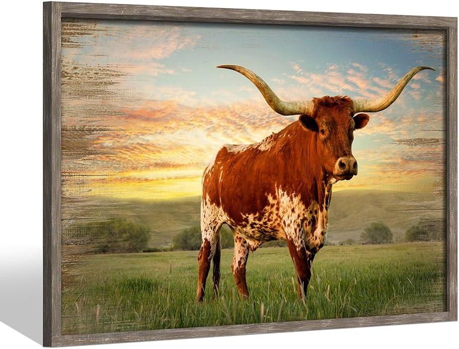 Farmhouse Longhorn Pictures Wall Decor: Framed Rustic Cow Animal Painting Art Wooden Sunset Farm Print Western Texas Bull Artwork for Bedroom Office Living Room