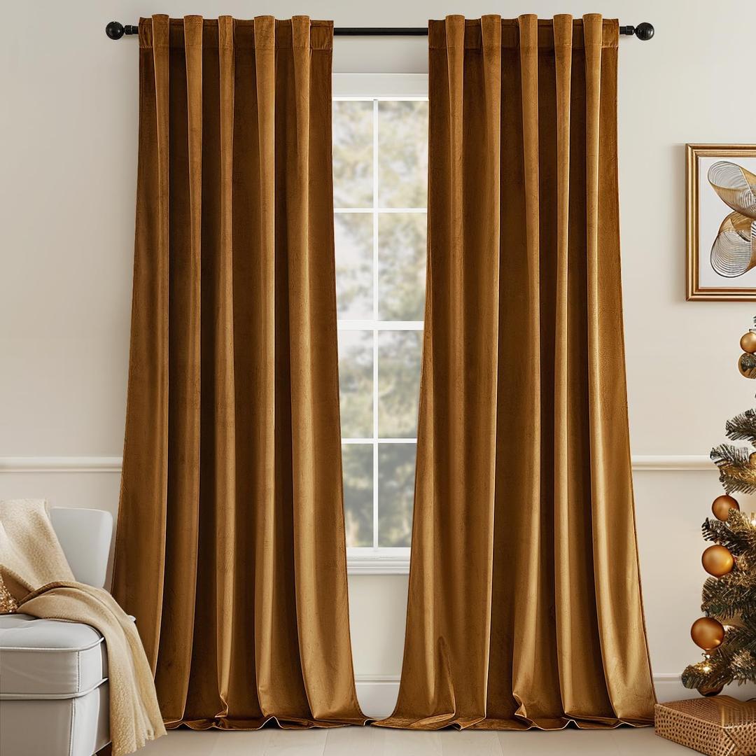 MIULEE Velvet Curtains 108 inches - Luxury Blackout Curtains for Bedroom Living Room Thermal Insulated Super Soft Window Drapes Rod Pocket & Back Tab, Gold Brown, W52 x L108 inches, 2 Panels