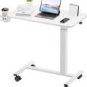 GTPLAYER Small Standing Desk with Wheels, Pneumatic Mobile Rolling Laptop Desk, Adjustable Height Overbed Bedside Table Computer Workstation for Home Office (28" W x 16" D, White)