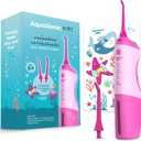 AquaSonic Kids' Water Flosser for Ages 6+ | Standard Nozzle, Orthodontic Nozzle & Waterproof Stickers | 4 Flossing Modes | Aquarium Adventures Theme (Pink)