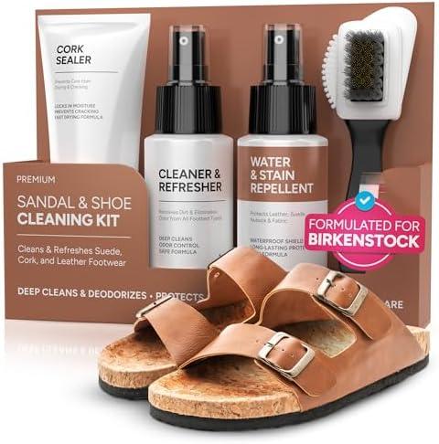 4-in-1 Sandal and Shoe Cleaning Kit for Birkenstock – Premium Care Kit Safe for Leather, Suede, Nubuck & Cork - Includes Sealer, Protector Spray, Cleaner & Brush