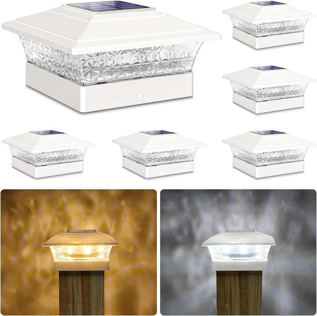 Solar Post Cap Lights Outdoor 6pack, Waterproof Fence Post Lights with 16 Ultra Bright LEDs Fit 4x4/5x5/6x6 Wood/Vinyl Posts, White Deck Post Lights with Warm/Cool White for Garden, Patio, Porch, Yard
