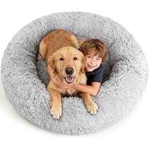 Calming Donut Pet Bed with Extra Large Thick Orthopedic Foam Cooling Gel Dog Bed XXL Waterproof Cover with Removable Washable, Giant Plush Comfort Couch for Anxiety Old Fluffy Friends Joints, Grey