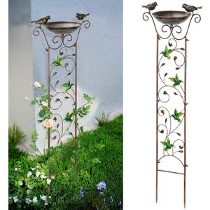 SUNNYPARK Antique Garden Iron Trellis with Decorative Hummingbirds Detachable Bird Bath Bowl Metal Potted Plant Support for Climbing Flowers