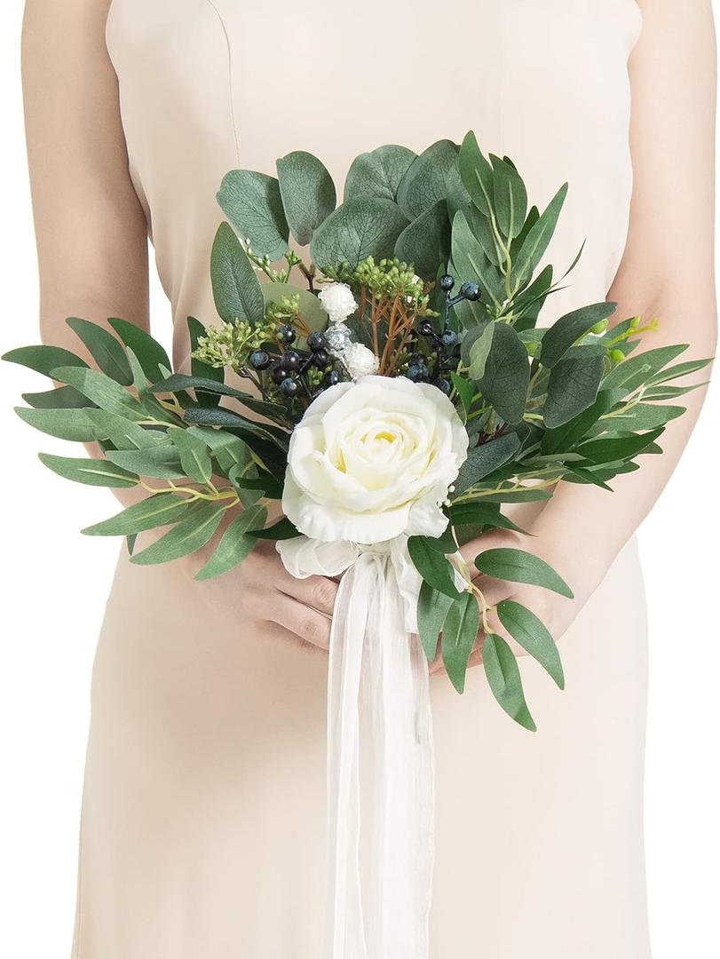 Ling's moment Artificial Flowers White Bridesmaid Bouquet, White and Sage Wedding Flowers Bouquets for Bridesmaids, 7 Inch Bridal Bouquets for Bridesmaids, Wedding, Ceremony, Anniversary, etc