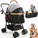Pet Stroller for Small Medium Dogs & Cats 3-in-1 Detachable Carrier, Zipperless Entry, Lightweight Folding Travel Stroller with Storage Basket, Cup Holder, Gray