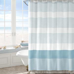 Awellife Blue Shower Curtain Beach Ocean Coastal Nautical Shower Curtain for Bathroom Stripe Tassel 72 X 72 Inches Cotton