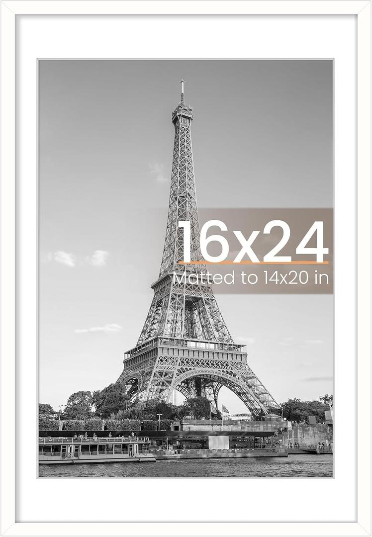 upsimples 16x24 Picture Frame, Display Pictures 14x20 with Mat or 16 x 24 Without, Wall Hanging Poster Frames, White, 1 Pack