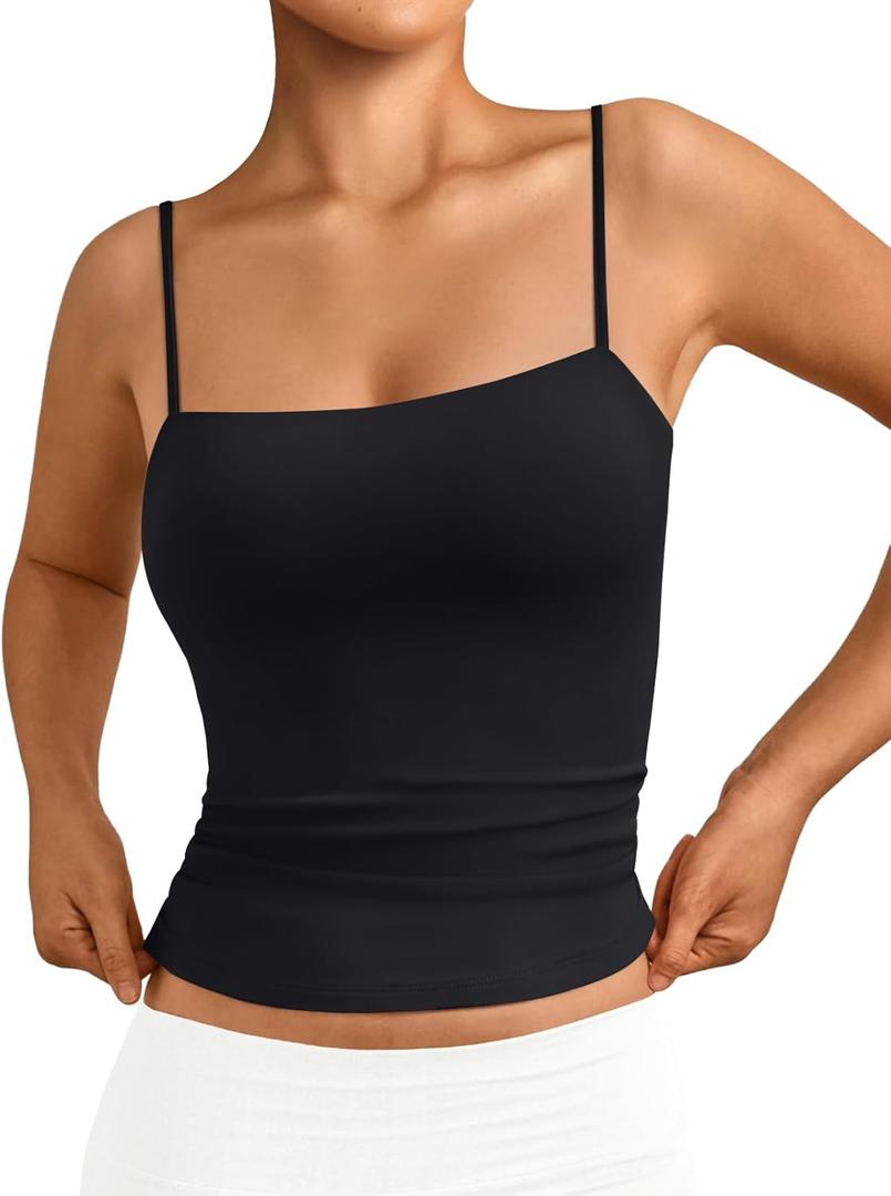 Trendy Queen Women's Double Lined Camisole Tank Tops - Adjustable Spaghetti Strap Sleeveless Top, Basic Tank for Layering (Large, Black)