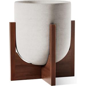 LE TAUCI 10 Inch Planter with Acacia Wood Stand, Ceramic Planters for Indoor Plants, Unique Plant Pots Indoor for Home Decor, Cylinder Pots for Plants with Drainage Hole and Plug, Neutral Gray