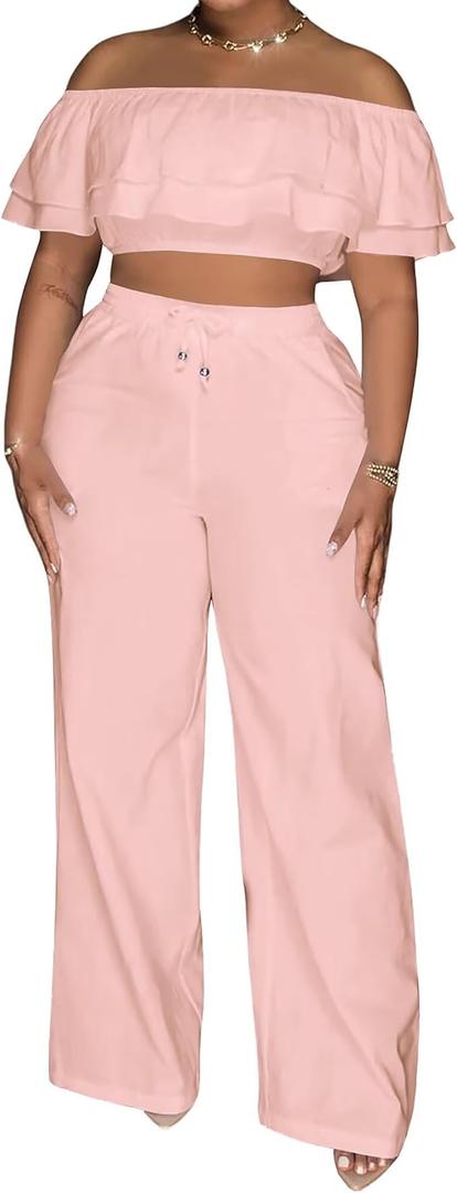 Adogirl 2 Piece Outfits For Women Off Shoulder Ruffle Trim Short Sleeve Top Wide Leg Pants Sets Sexy Outfits Pink L