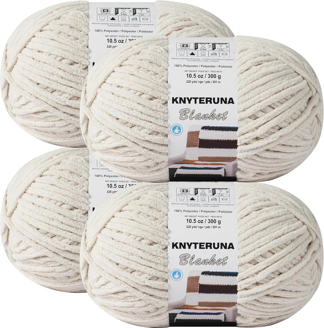 #6 Super Bulky Blanket Yarn for Crocheting - 4 Skeins(Each 10.5oz/300g, 220yds/201m), Chunky Chenille Thick Plush Big Soft Yarn for Crocheting Knitting Blankets, Beige White