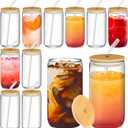 12 Pcs Glass Cups with Bamboo Lids and Straws - 16oz Glass Tumbler, Iced Coffee Cup, Can Shaped Drinking Glasses for Coffee, Tea, Smoothie, Juice, Cocktail Include 2 Cleaning Brushes