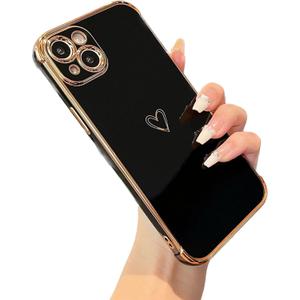 ZTOFERA Designed for iPhone 13 6.1 inch Case, Cute Plating Edge Love Hearts Pattern with Camera Lens Protection Phone Cover for Girls Women, Black