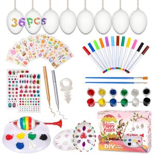 LessMo Easter Egg Decorating Kit, 36Pcs White Plastic Eggs with Dye Kit, Easter Tree Ornaments, Stickers for Kids, Hanging Plastic Eggs with Rope for Easter Decoration, Easter Egg Hunts
