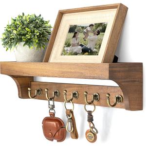 Rebee Vision Acacia Wood Farmhouse Key Holder Wall Mount for Room Decor Retro Key Holder for Wall with Shelf for Cute Things Stylish Home Storage for Apartment Essentials (Acacia Wood)