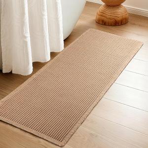 Luxury Waffle Bath Mat, Super Absorbent Non Slip Bathroom Rugs, Boho Ultra Soft Comfort Machine Washable Quick Dry Floor Mats with Tassels (Brown, 24" x 72")