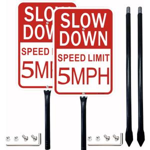 2 Pack Slow Down Sign, Speed Limit Sign 5 MPH, 36 Inches Metal Stakes, 14x10 Inches Reflective Aluminum, Fade Resistant, Easy to Install