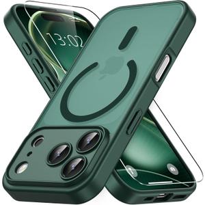 for iPhone 17 Pro Max Case, Compatible with MagSafe, Magnetic Translucent Matte Slim Protective Cover with 1 Screen Protector - Military-Grade Drop Protection (Dark Green)