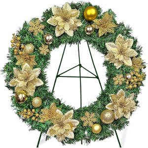 MUVIC Aritificial Cemetery Wreaths for Graves with 30 inch Stand,Golden Poinsettias and Decorative Ball, Christmas Wreath for Headstone