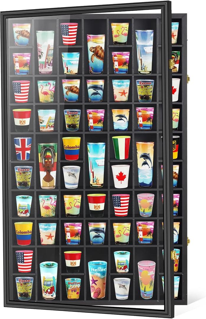 Black Shot Glass Display Case Large 61 Slots Glass Display Holder Wall Mounted Storage Shadow Box with UV Protection Acrylic Glass Door for Room Decor