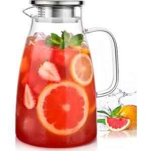 Glass Pitcher with Lid, 2 Liter 68oz Water Pitcher with Handle and Spout for Fridge, Borosilicate Glass for Iced Tea, Juice, Sangria, Cold/Hot Beverage, Large Jug