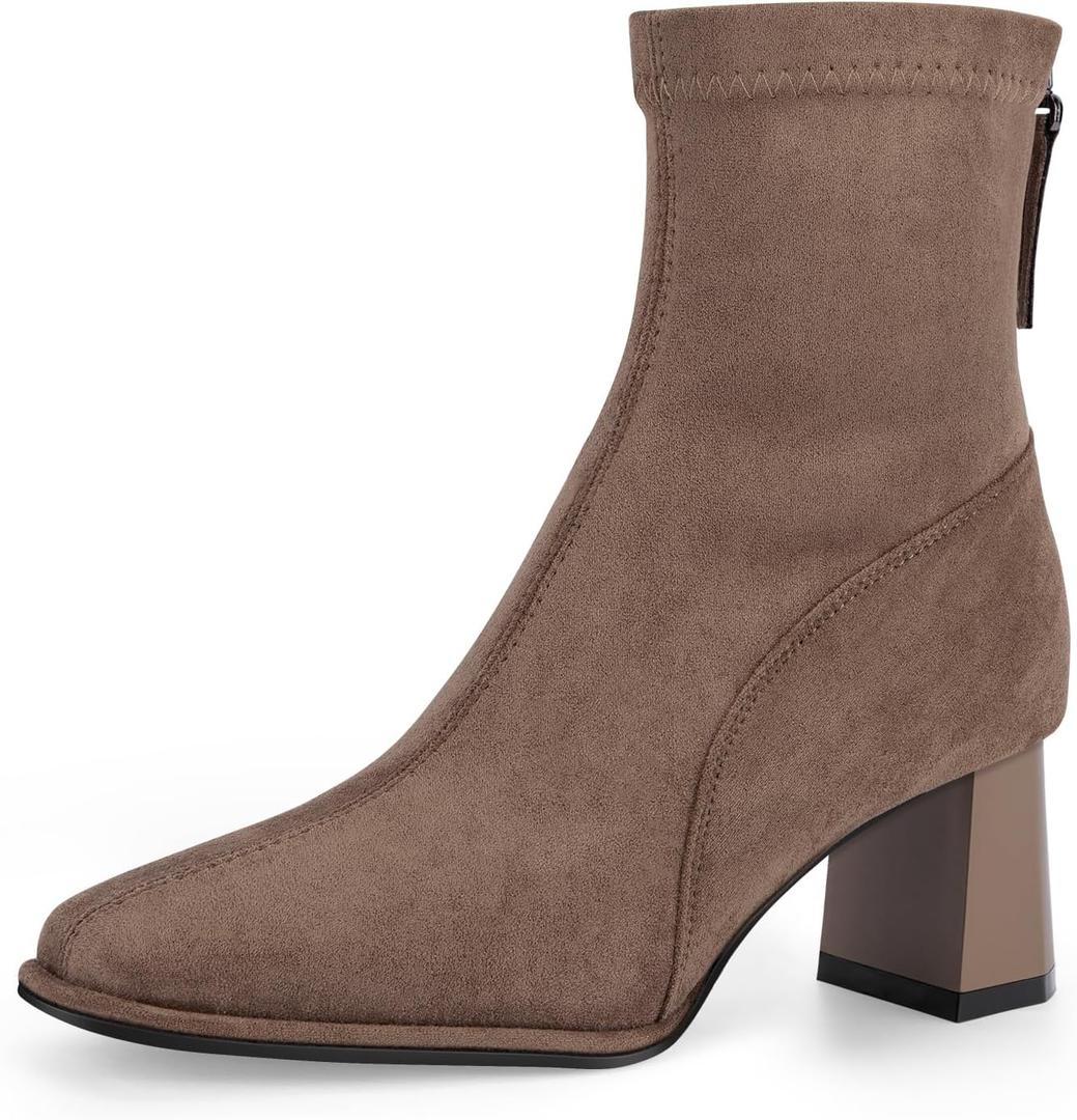 Trakxy Women's Square Toe Ankle Boots Faux Suede Low Block Heel Chelsea Boots Women Shoes (8, Apricot)