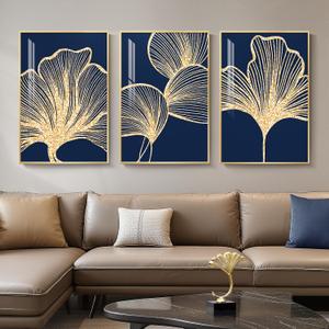 Framed Modern Luxury Wall Art for Living Room, Large Navy Blue and Gold Ginkgo Leaf Artwork for Walls, 3 Piece Contemporary Bright Style Floral Prints for Bedroom Office Hallway Wall Decor, 24x36 Inch