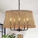 Hand-Woven Rattan Chandelier Vintage Farmhouse Boho Bamboo Chandeliers Light Fixture Retro Drum Wicker Rattan Black Chandelier for Dining Room, Kitchen, Living Room (Black 19.7in)