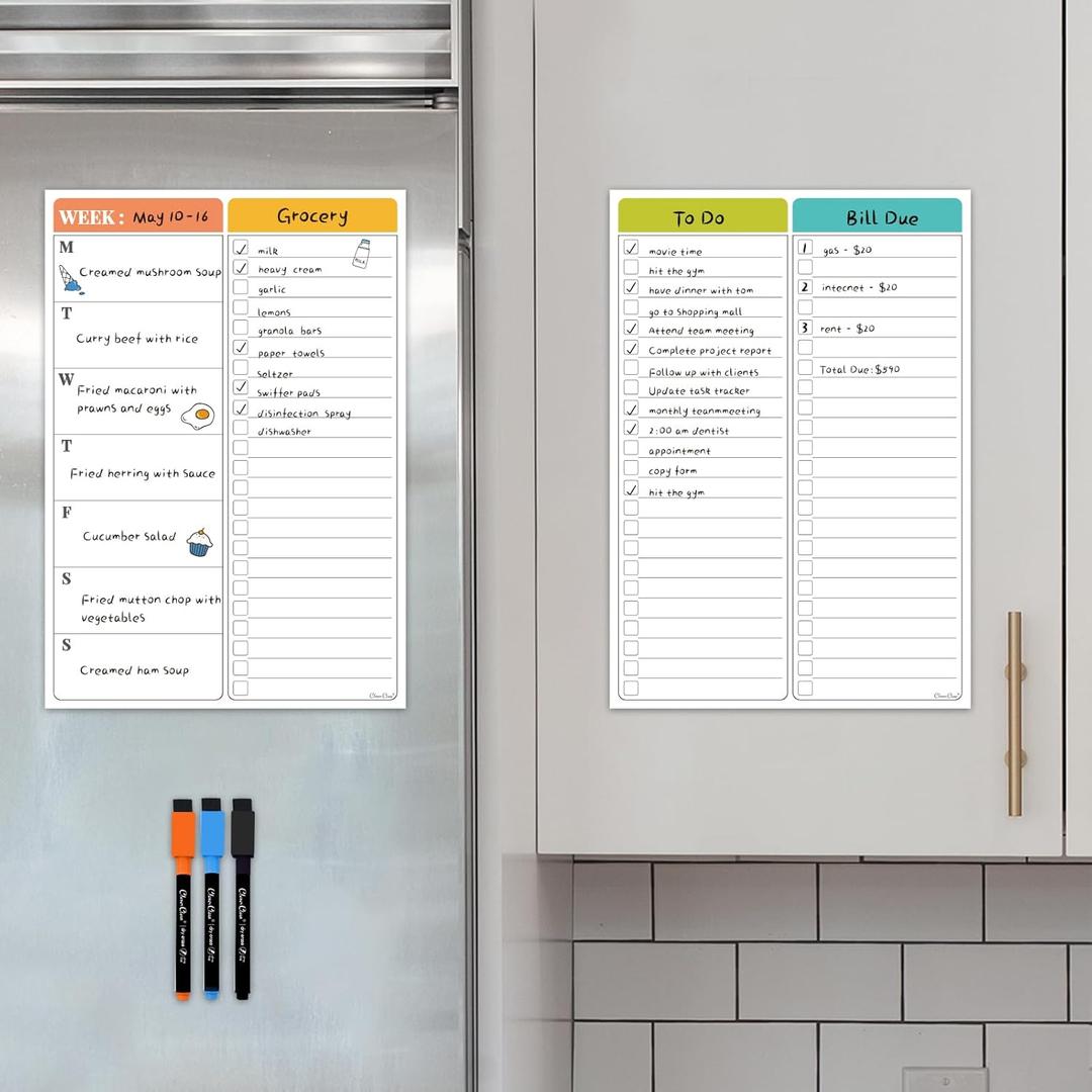 Non-Magnetic Dry Erase List for Fridge - Reusable 8"x11.5" List and Weekly Planning Board Stick to Most Smooth Surfaces - 3 Dry Erase Markers Included