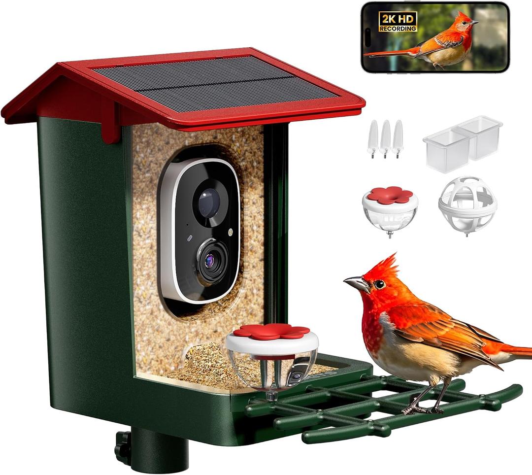 Smart Bird Feeder with Camera Solar Powered, 2K HD Video, AI Bird Species Identification, Instant Arrival Alerts, Weatherproof Design for Effortless Birdwatching, Best Gift for BirdLovers, Red