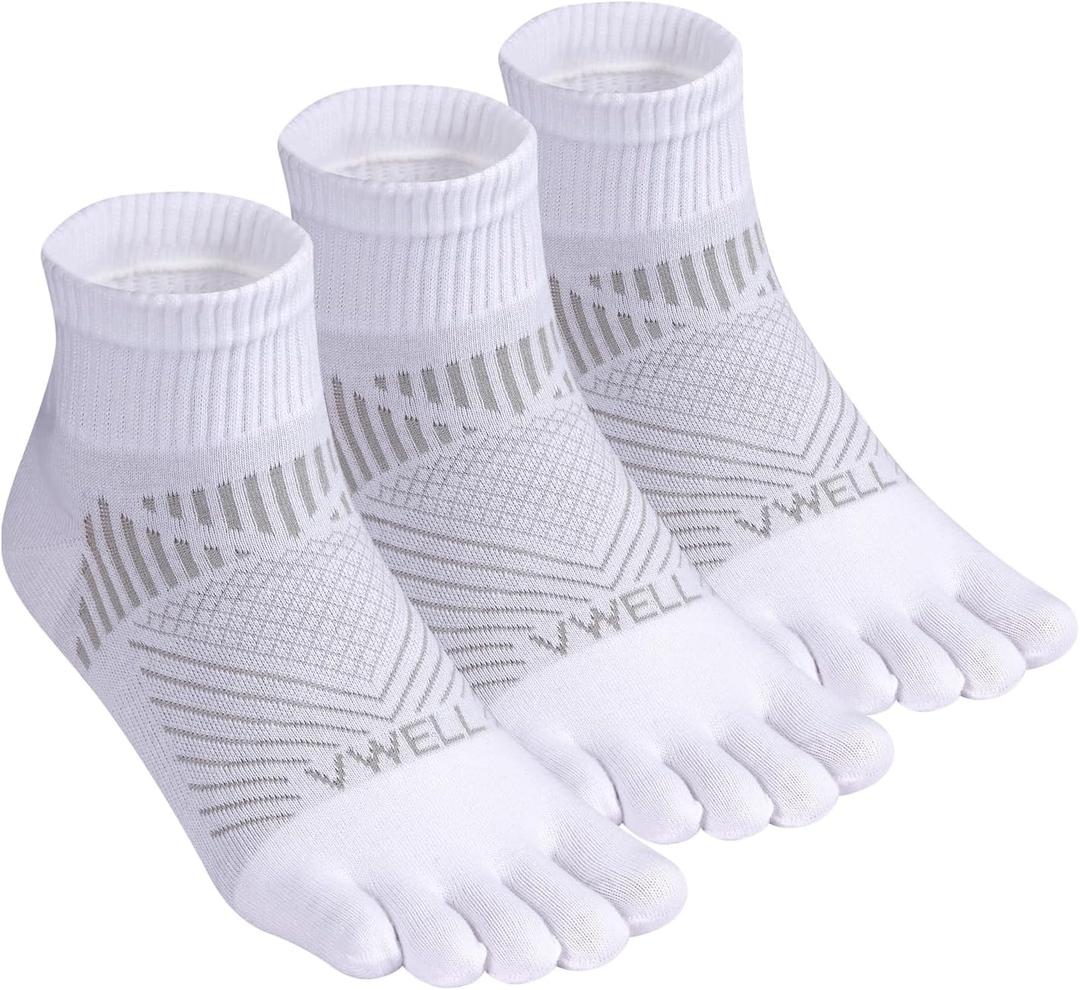 VWELL Toe Socks for Men and Women COOLMAX Five Finger Socks Athletic Running Socks Quarter Ankle Toe Socks (3Pairs) (Large, White)