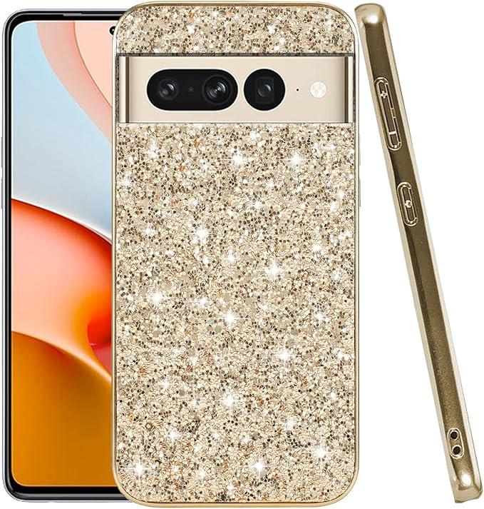 Compatible with Google Pixel 7 Pro Case Glitter Shockproof,for Google Pixel 7 Pro Phone Case Bling Sparkly Soft TPU and PC Silicone Shiny Girl Women Thin Protective Cover (Gold)