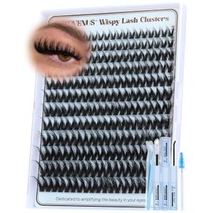 Fluffy Wispy Lash Clusters Kit Natural Eyelashes Clusters D Curl Cluster Eyelash Extensions Lightweight Individual Lashes DIY Eyelash Extension Kit with Waterproof Lash Cluster Glue