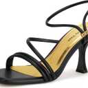 Women's Strappy Kitten Heels Square Open Toe Sandals Party Wedding Ankle Strap Shoes (7.5, Black)