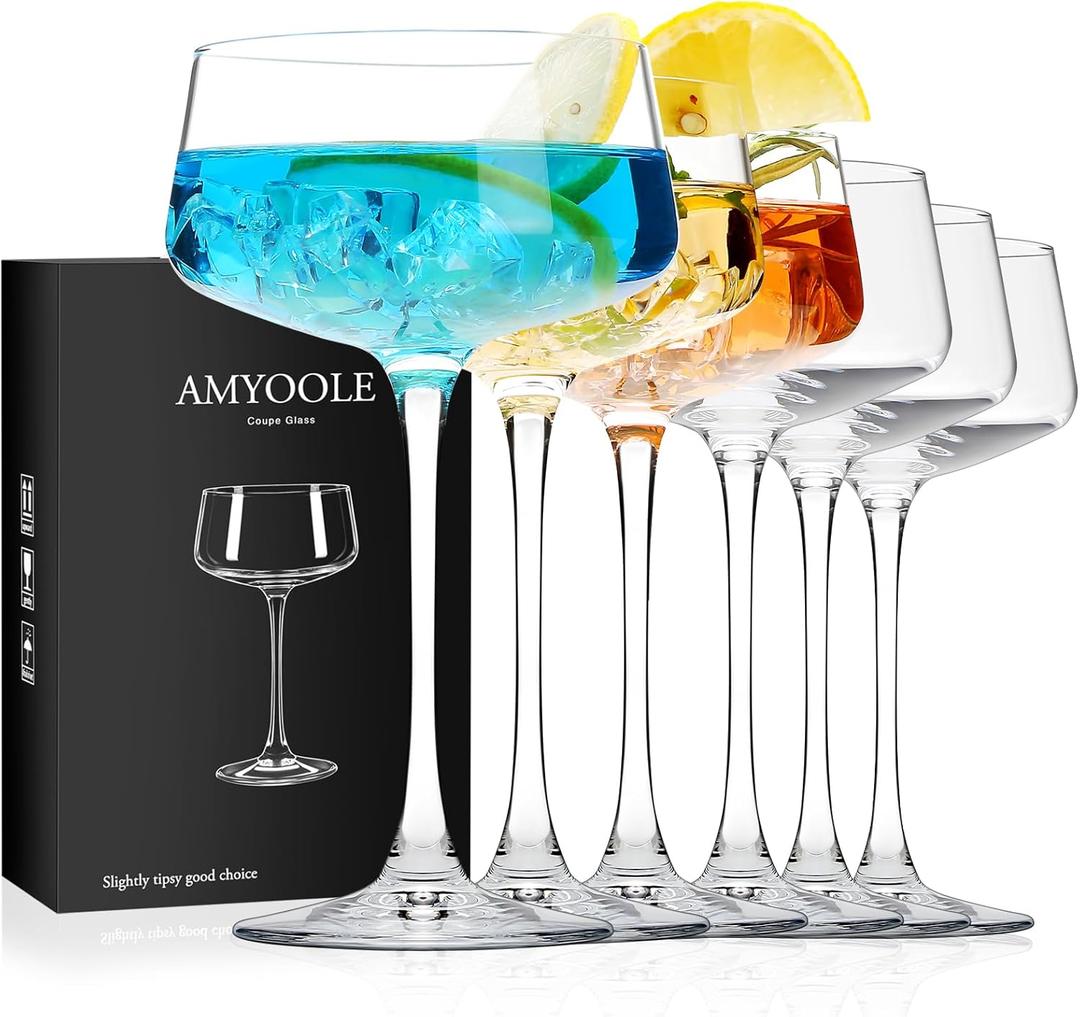 Amyoole Martini Glasses Set of 6, 8 oz Premium Crystal Coupe Glasses, Hand Blown Champagne Drinkware with 6 Cocktail Picks, Clear Cocktail Glasses for Bar, Parties, Martinis, Margaritas