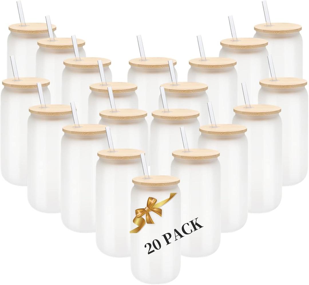 20 Pack Sublimation Blank Beer Glass Cup Can Shaped Frosted with Bamboo Lids Borosilicate Glasses Tumbler Mason Jar Cups Mug with Glass Straw for Beer, Juice, Soda, Iced Coffee, Drinks 16oz