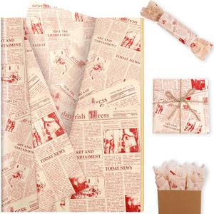 100 Sheet Red Vintage Newspaper Tissue Paper, Red 20x14in Old Newsprint Gift Wrapping Paper Retro Kraft Magazine Art Craft Newsprint Tissue for Wedding Valentine's Day Birthday Party Decor Gift Crafts