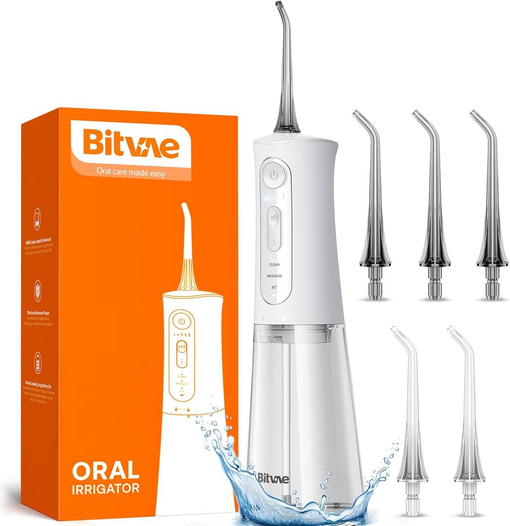 Bitvae Water Dental Flosser for Teeth, Rechargeable Water Teeth Cleaner Picks, 3 Modes 5 Intensities, IPX7 Waterproof, Oral Irrigator USB Cordless Water Dental Picks for Cleaning - Frost White (260ml)