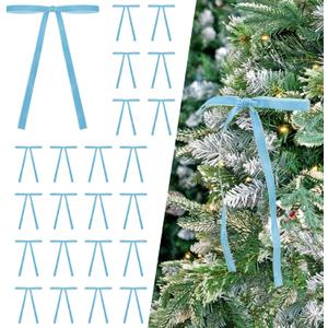 2 x 24 Pcs Light Blue Velvet Bows Ornaments for Christmas Tree, Vintage Rustic Velvet Christmas Bows Tree Decorations, Indoor Home Decor for Wreath Mantle Gift Wrap Holiday Decor, 3/8'' W, 5 * 7 inch