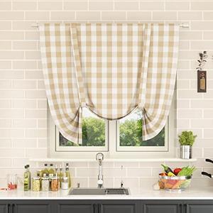NATUS WEAVER Tie Up Curtain for Windows 54 inches Long Buffalo Check Adjustable Tie Up Shades Plaid Gingham Rod Pocket for Kitchen Windows 1 Panel, Beige/White