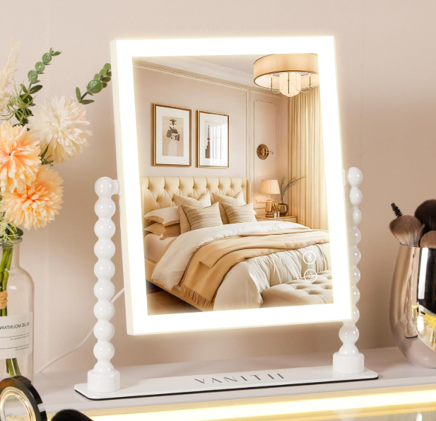 VANITII GLOBAL Vanity Makeup Mirror with Lights 9”x12” Hollywood Mirror with Music Speaker Dimmable 3 Color Lighting Light up Mirror with 10X Magnification 360 Degree Rotation for Bedroom Bathroom