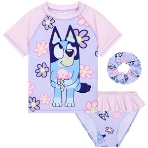 Bluey Girls Swimsuit One Piece Bathing Suit or Rash Guard Set Kids, Toddlers, Swimwear Pool Beach Travel Essentials Holiday (3-4 Years, Lilac with Scrunchie) Size 4 up to 104cm