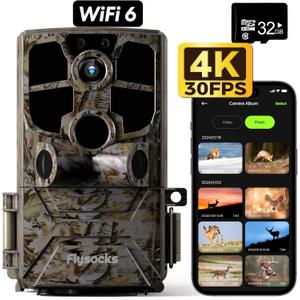 Trail Camera, Real 4K/30FPS 60MP Digital Game Camera, Wi-Fi 6 High Speed Download, 0.1s Fast Trigger Wildlife Motion Camera, Night Vision, IP66 Waterproof, Trail Cam for Hunting
